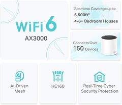 TP-Link Deco X55(3-pack) AX3000Mbps Whole Home Mesh WiFi 6 System, AI-Driven Seamless Mesh, Coverage 6,500 ft2, 150 Devi